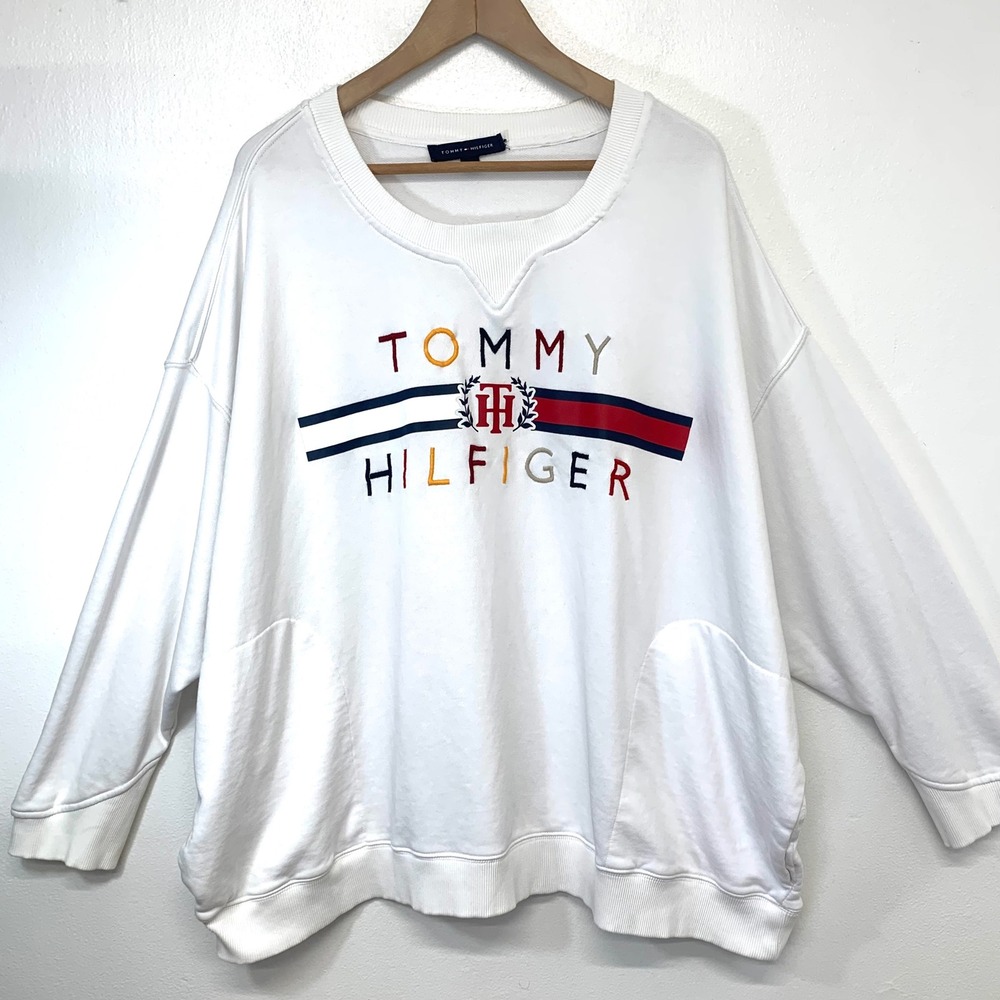 Tommy Hilfiger‎ White Embroidered Logo Sweatshirt 3X Retro Sporty Pullover Retro